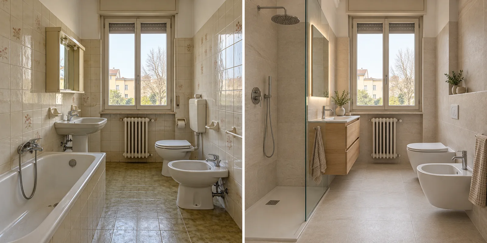 Simulazione illustrativa: bagno datato prima della ristrutturazione e bagno rinnovato con doccia