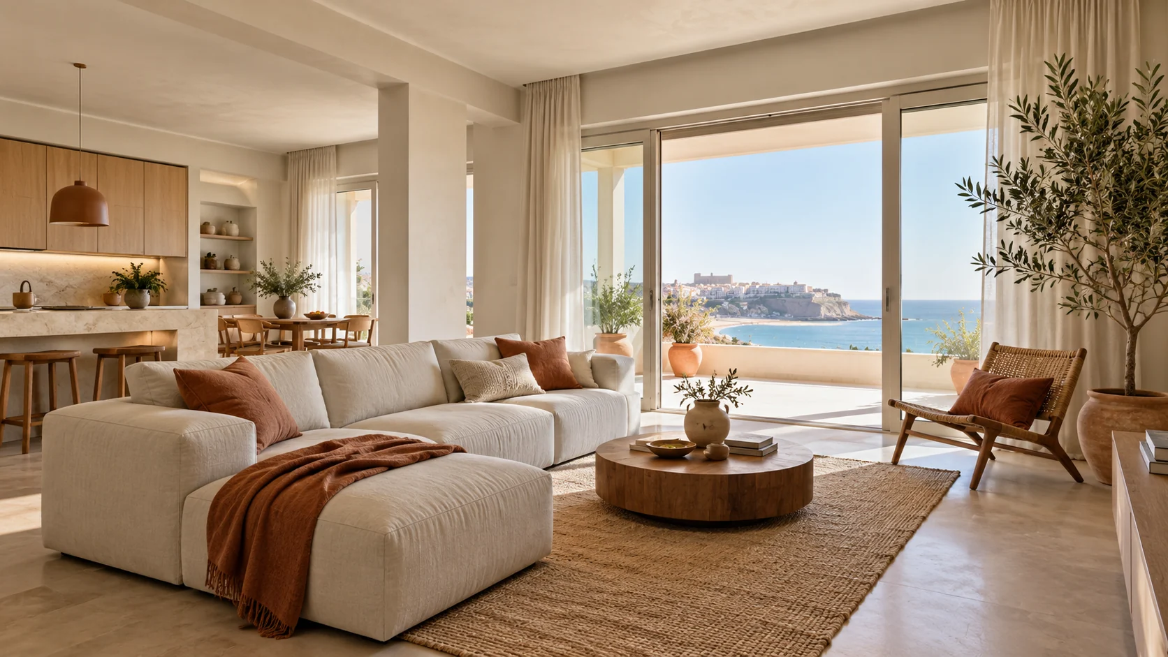 Soggiorno ristrutturato con finiture contemporanee e luce mediterranea
